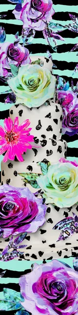 Free colorful bookmark featuring a whimsical cake on striped background